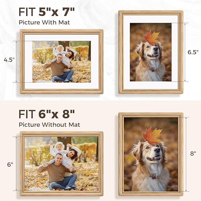 Dreamland 6x8 Picture Frames, Solid Oak Wood 6 by 8 Photo Frame with Stand for Tabletop Display, 6x8 Frame with Mat for 5x7, Rustic Wood 6 x 8 Picture Frame with Tempered Glass