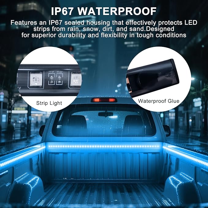 3PCS 60" RGB Truck Bed Light Strip Kit Remote Controlled Color Changing LED Bars with Music Sync, IP67 Waterproof for Pickup Trucks, SUVs, RVs & Boats