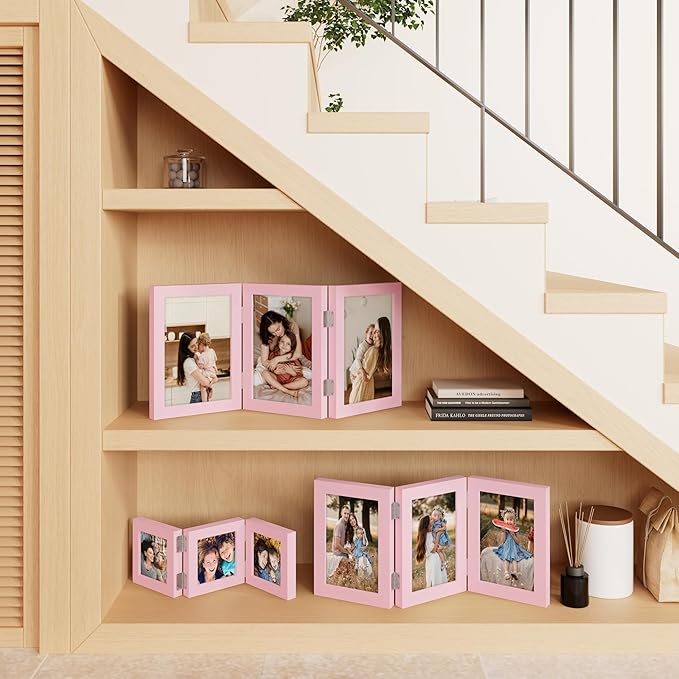 decorUhome Triple 4x6 Picture Frame Vertical, Engineered Wood Trifold Photo Frame with Plexiglass for Tabletop Display, 4x6, Pink