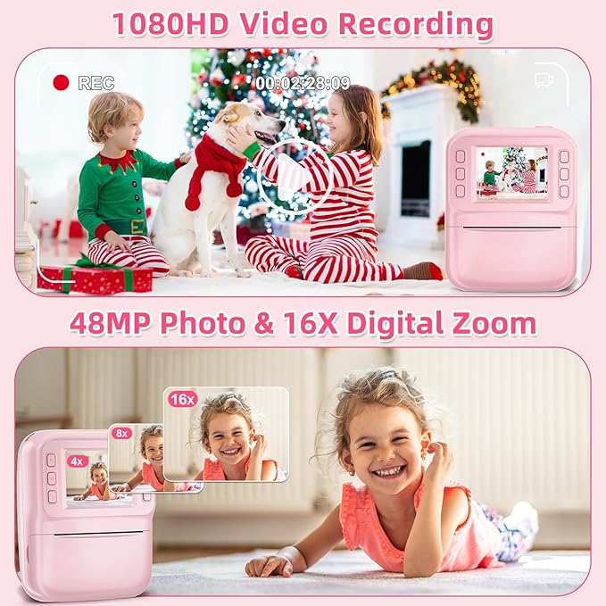 MINIBEAR Kids Camera Instant Print Camera for Kids Digital Camera Toddler Toys Christmas Birthday Gifts for 3 4 5 6 7 8 9 10 Year Old Girls Boys, Pink