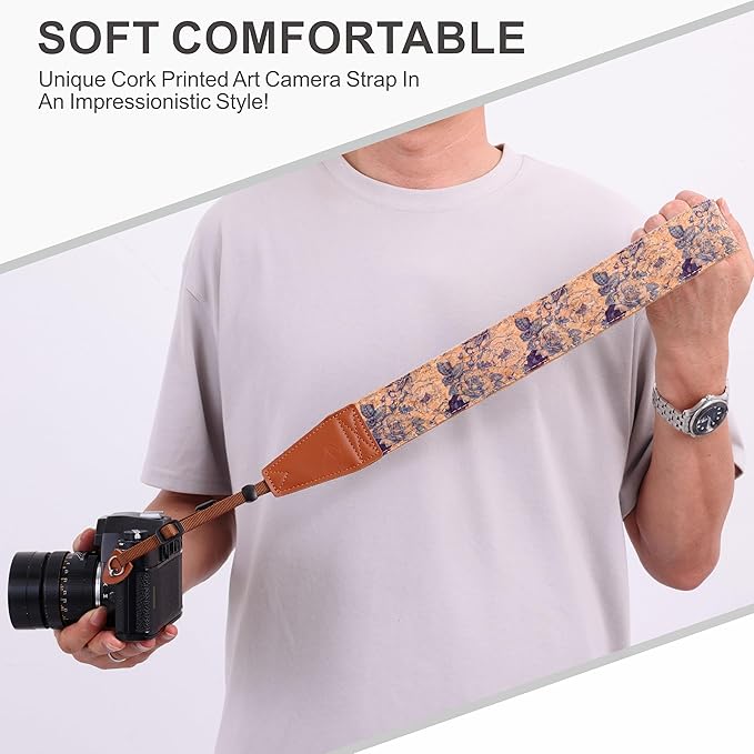 Padwa Lifestyle Cork Camera Strap - 2" Top Layer Cowhide Head Camera Straps for Photographers,Natural Log Crackle Art Print Style,Soft Chamois Velvet Padded Strap Quick Release fits All Cameras