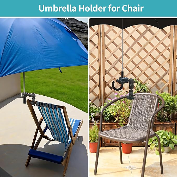 Double Clamp Mount Umbrella Chair Clamp with 360° Magic Arm, Umbrella Holder Clip for Chair Wheelchair Stroller Light Stand, Photography Reflector, Motorcycle, Live Scope Pole, Photo Boom Stand