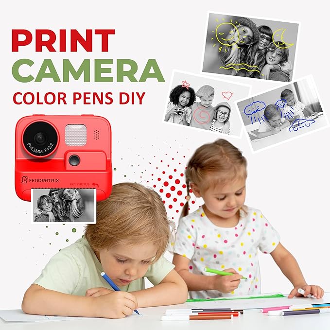Instant Print Camera for Kids – No Ink Needed, 2.4" Screen, Selfie & 1080P Video, 10X Zoom, 3 Paper Rolls, Stickers & Markers, Fun Creative Gift for Boys & Girls Ages 3 4 5 6 7 8 9 10 – FENORATRIX RED