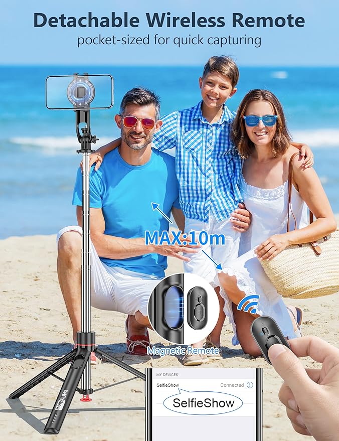 70'' Magnetic Automatic Selfie Stick Travel Tripod for Cell Phone, Auto Opening Phone Tripod Stand with Magnetic Remote, 360° Rotatable Extendable Smartphone Stand Compatible with iPhone/Android