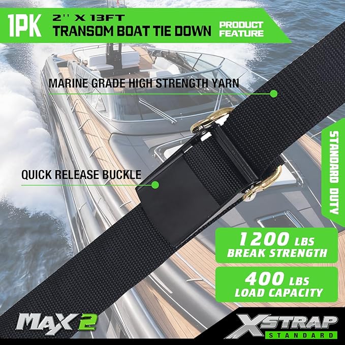 XSTRAP STANDARD 1PK 2''x 13' Adjustable Tie-Down Wide Webbing Rated Capacity: 1200 lb Moving Straps Tie Downs Marine Boat Strap Trailer with Hooks Prevent Corrosion Yet Easy