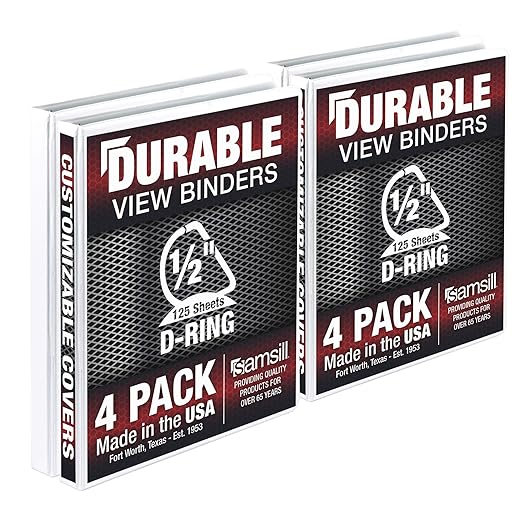 Samsill Durable 0.5 inch 3 Ring Binder, Made in USA, D Ring Binder, FSC 100% Recycled Chipboard, White, 4 Pack