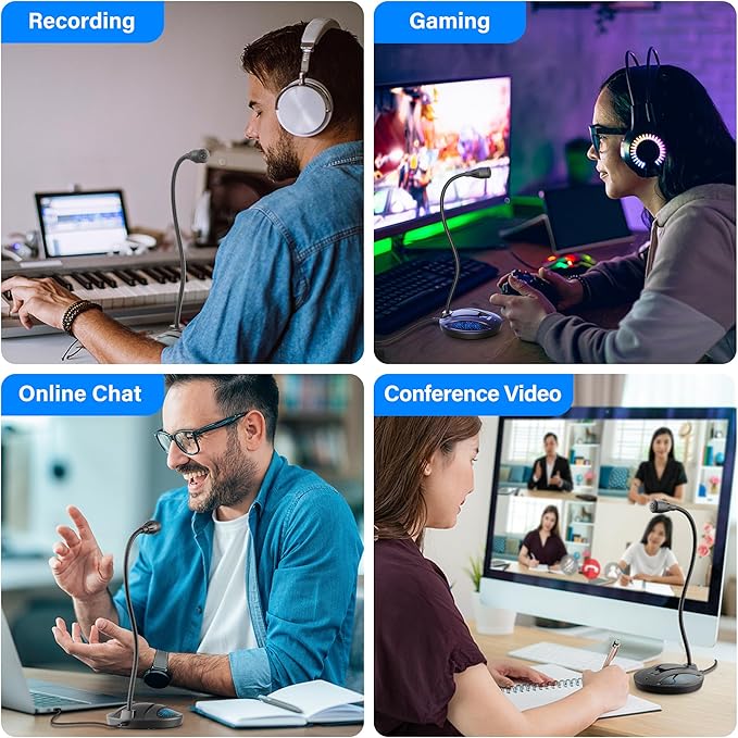 Plug & Play USB Computer Microphone, Flexible Gooseneck Desk Microphone for Podcasting, Streaming, Conference, Noise Canceling Microphone with Mute Button LED for PC/Mac