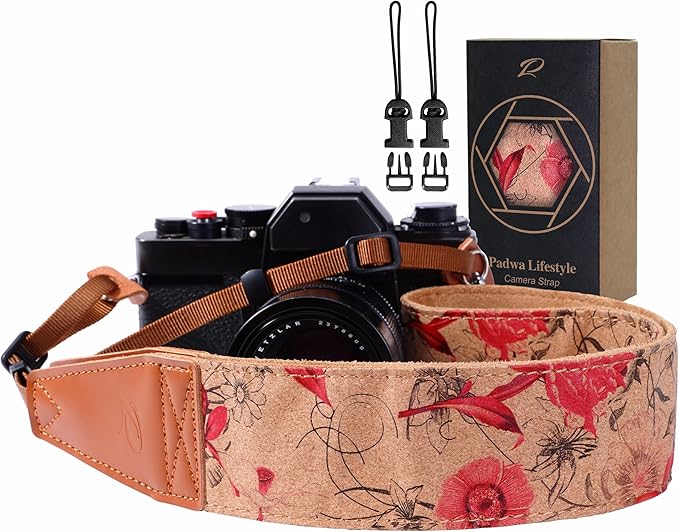 Padwa Lifestyle Cork Camera Strap - 2" Top Layer Cowhide Head Camera Straps for Photographers,Natural Log Crackle Art Print Style,Soft Chamois Velvet Padded Strap Quick Release fits All Cameras