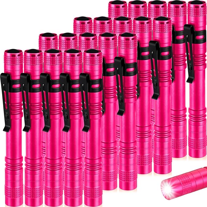 Hortsun 20 Pcs Mini Pen Light Flashlights Christmas Gifts for Men Pocket Flashlights Pen with Clip Small LED Handheld Slim Torches Without Battery(5.12 Inch,Rose Pink)