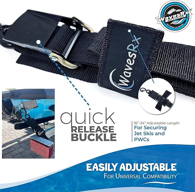 WavesRx Premium Boat & Jet Ski Trailer Transom Straps - Marine Tie Downs - Adjustable via Quick Release Buckle - Must Have Boating Accessories for Safe and Secure Transportation of Your Watercraft