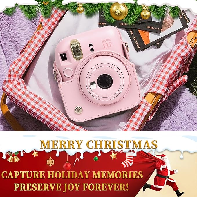 CAIYOULE Camera Case for Fujifilm Instax Mini 12 Instant Film Camera, Retro PU Leather Protective Camera Crossbody Bag for Fuji Mini 12 with 64 Photo Album, Adjustable Shoulder Strap, Blossom Pink