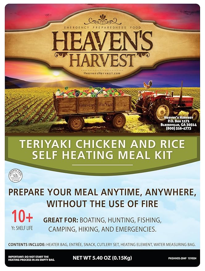 Heaven's Harvest Self-Heating Emergency Meal Kit (10 Year Shelf Life) — Tastier than MRE Meals & Ready-To-Eat in Minutes! Just add water to activate the “cooking” process. (Teriyaki Chicken) (6-Pack)