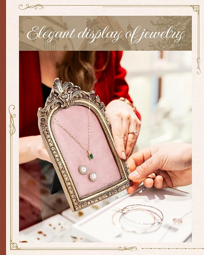 2 Pcs Gold Jewelry Display Stand Vintage Necklace Organizer Ring Holder Earring Tray Resin Jewelry Photography Props Frame with Velvet Backing for Gifts(Pink,Large,Small,Elegant)