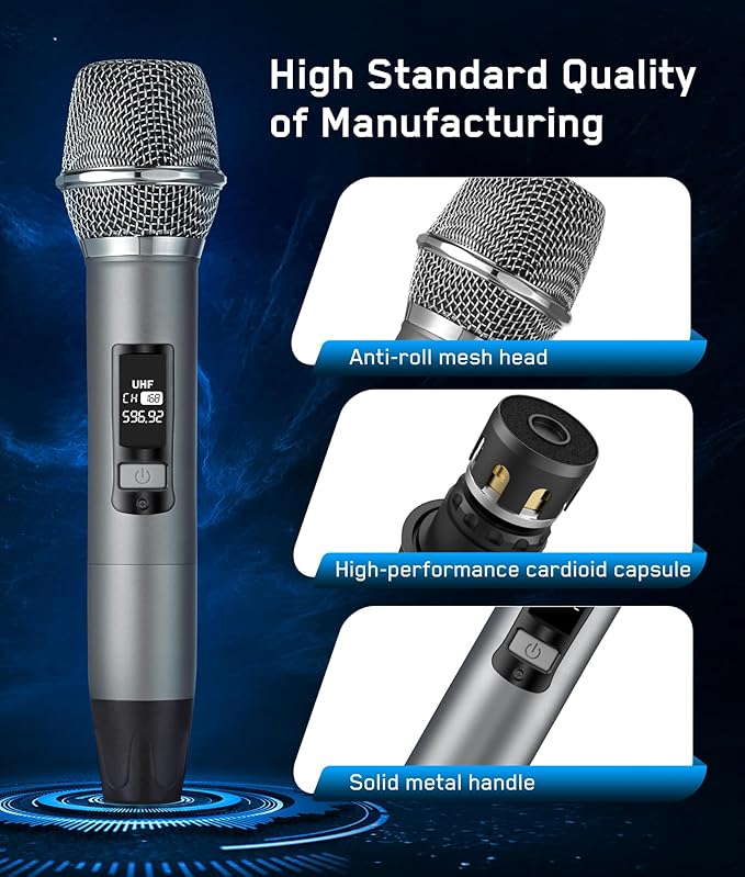 Rechargeable Wireless Microphone, Two Metal UHF Microphones with 1/4" Receiver, Plug-and-Play for Karaoke Singsing, Lecture, Stage Performance, PA System (Gray - One Mic)