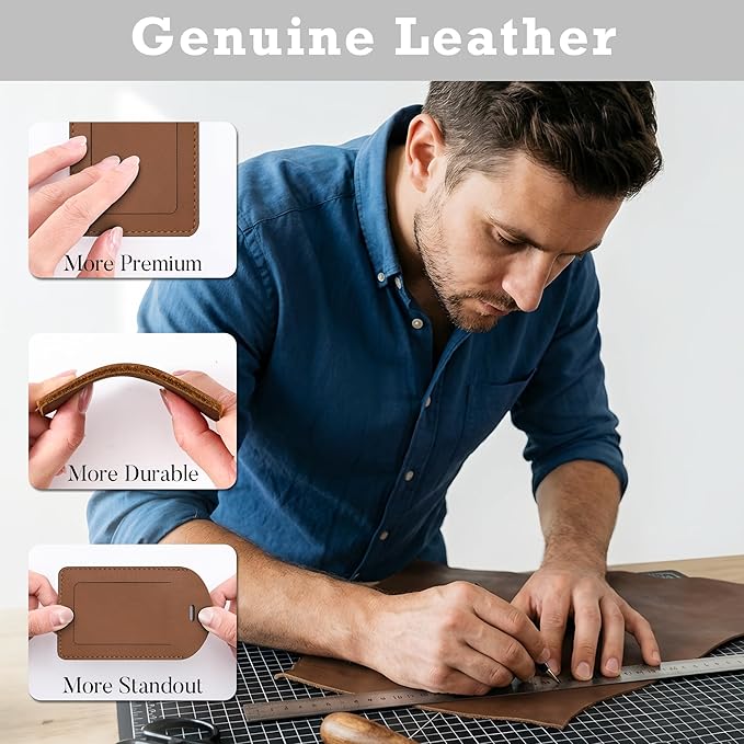 Mayski Genuine Leather Luggage Tags for suitcases, 3 Pack Durable Travel Bag Tags with Privacy Flap, Travel Essentials TSA Approved, Brown