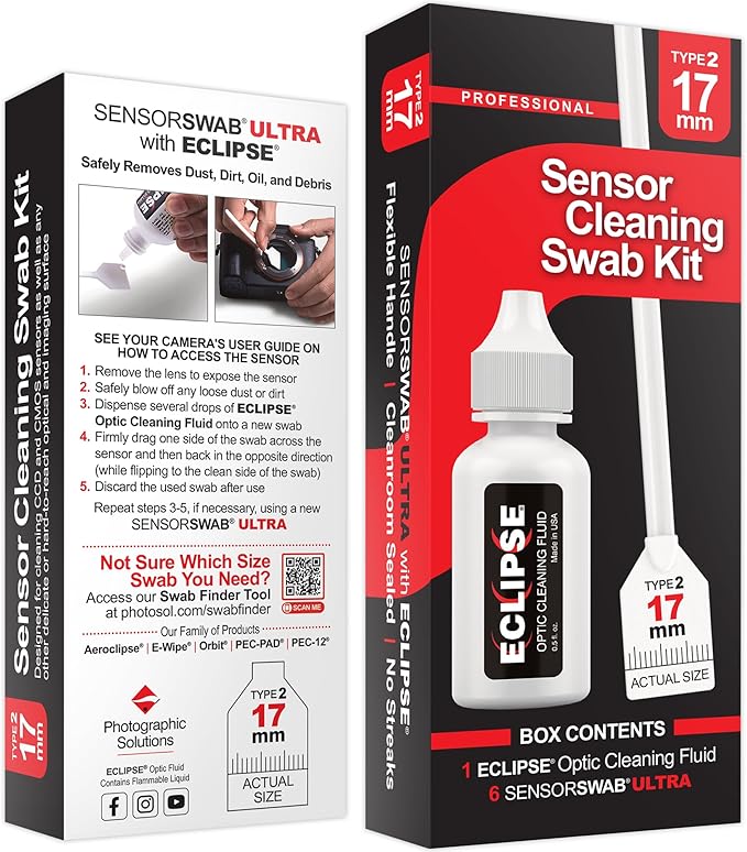 Sensor Cleaning Swab Kit - Eclipse Optic Cleaning Solution (0.5oz/15ml) + Type-2 Sensor Swab Ultra 17mm (Pack of 6) - for APS-C CMOS and CCD Sensors - Dust & Oil Remover