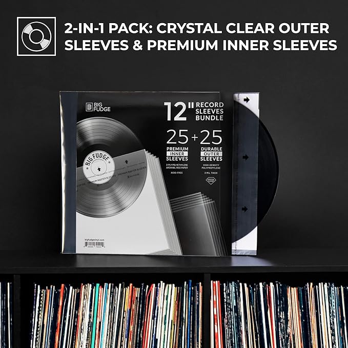 BIG FUDGE Vinyl Sleeves Inner and Outer - Vinyl Record Sleeves Inner and Outer - 25 x 12 High-Density Polypropylene Album Covers & 25 x 12 Archival Anti-Static Rice Paper Inner