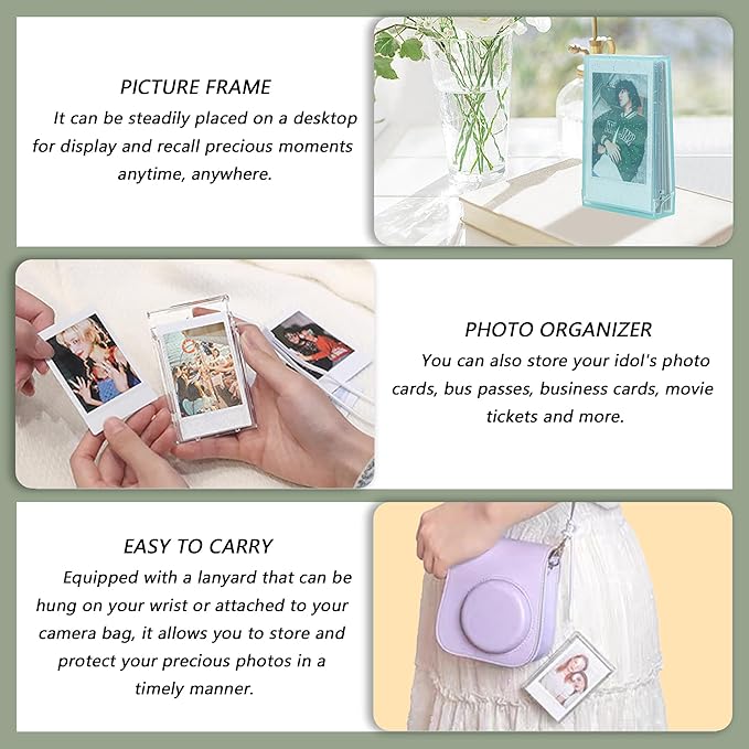 2 Pack Travel Photo Holder for Fujifilm Instax Mini 7+/8/9/11/12/40/90/EVO, 3 in Photo Storage Case, Camera Clear Photo Protective Box with Wrist Lanyard, Postcard Display Frame (Purple glitter)