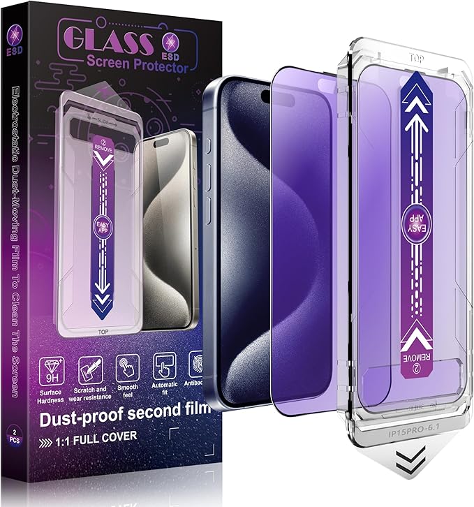 SHANG PIN JIA 2 Pack Anti Blue Light Matte Screen Protector for iPhone 15 Pro 6.1-Inch Auto Dust Removal, No Bubbles, Tempered Glass Film, Easy Installation