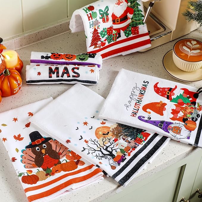 Preboun 6 Pcs Holiday Kitchen Towels Halloween Thanksgiving Christmas Hand Towels Hallothanksmas Bathroom Cloth Decorative Colorful Cute Gifts Dish Cloth Farmhouse Kitchen Accessories Decor