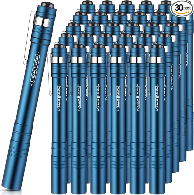 30 Pack Mini Pen Flashlights Bulk Gifts LED Pen Lights Aluminum Pocket Flashlights with Clips Small Handheld Torches for Men Camping Hiking Emergency Outdoor (Blue)