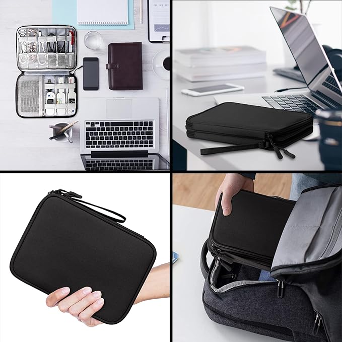 Arae Electronic Accessories Organizer, Travel Essentials Cable Bag with Double-Layer Storage for Cables, Cards, Chargers - Black, L