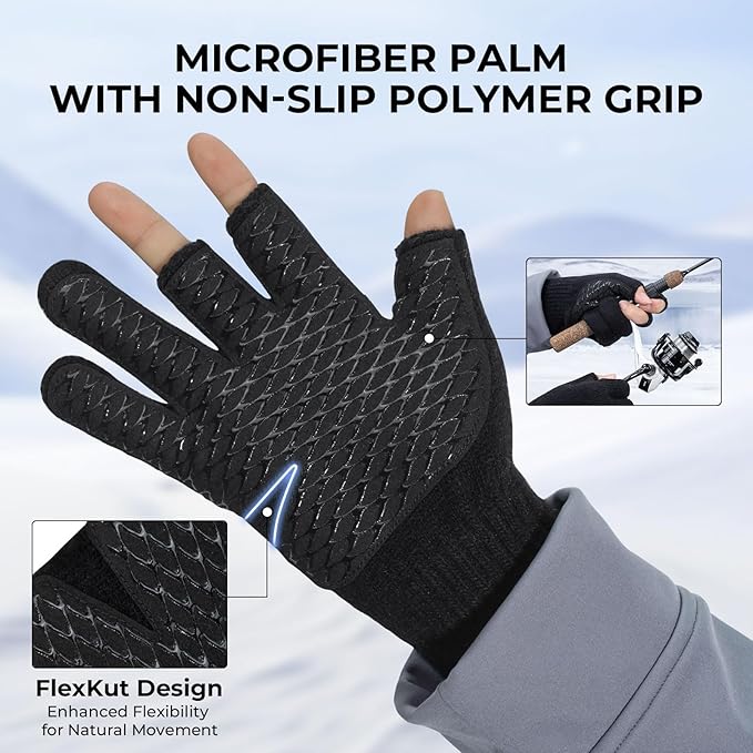 KastKing Bully Wooly 3-Cut Fingerless Wool Fishing Gloves, Cold Weather Warm Winter Gloves for Men & Women, Ice Fishing