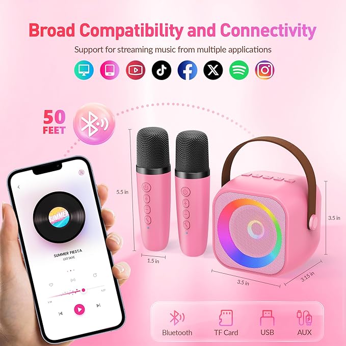 Mini Karaoke Machine with 2 Wireless Microphones for Kids Adults,Portable Bluetooth Karaoke Speaker with Party Lights,Christmas Birthday Gifts for Girls Ages 4, 5, 6,7, 8, 9, 10,12+ Family Home Party