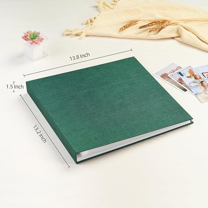 Mublalbum 12x12 Inch Large 3 Ring DIY Scrapbook Photo Album with 40 Plastic Sleeves 80 Pages Linen Cover Folder Binder for Baby Travel Wedding Couple Anniversary and DIY Projects (Dark Green)