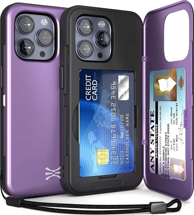 TORU for iPhone 15 Pro Max Wallet Case with Card Holder, Hidden ID Credit Card Slot Flip Kickstand, Slim Fit Shockproof Heavy Duty Phone Cover with Strap - Purple