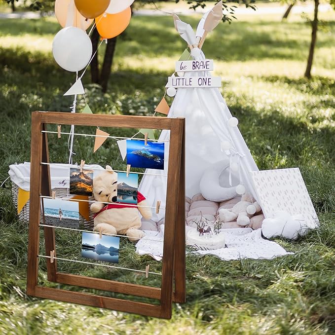 Sintuff Walnut Wood Photo Display Rack with Clips Farmhouse Picture Collage Board Graduation Standing Picture Frame Clothesline Photo Display Stand Decor for Postcard (Flat Edge,29 × 24 Inches)