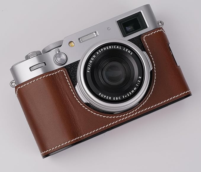 Genuine Leather Camera Half Case for Fujifilm X100VI - Top Layer Cowhide Body + Metal Base Plate - Hand Shank Free Design (Brown)