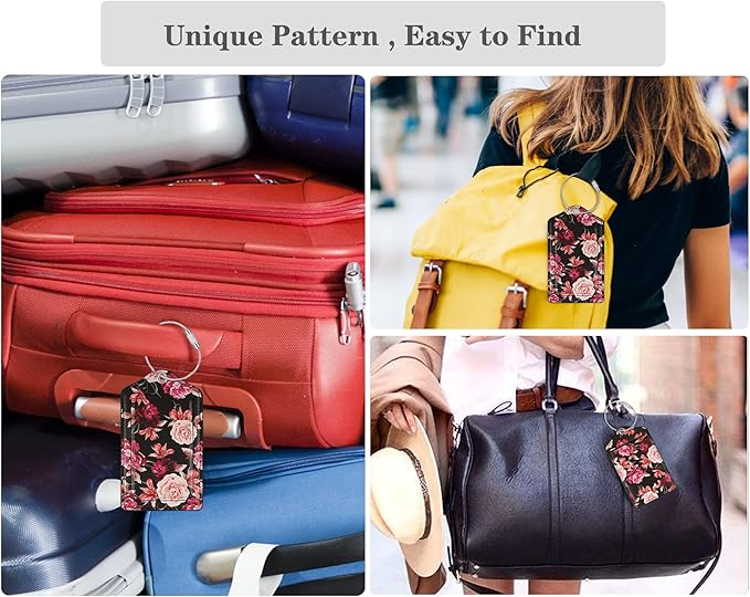 (Set of 2) Luggage Tag Leather Privacy Cover ID Label Address Card with Stainless Steel Loop, Travel Bag Tags Suitcase Labels, Black Flowers