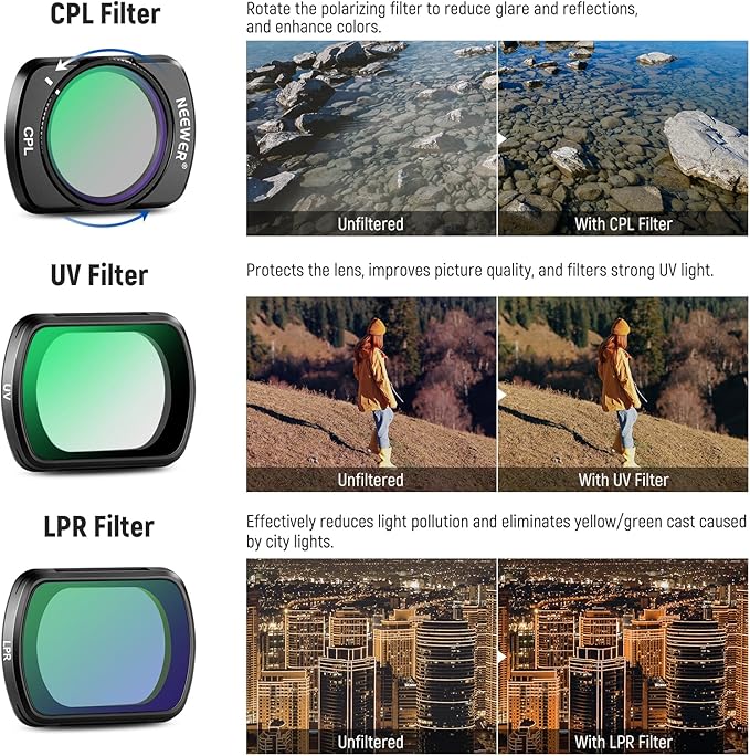 NEEWER 16 Pack Filter Set for Pocket 3, ND8 ND16 ND32 ND64 ND128 ND256 ND1000 ND8/PL ND16/PL ND32/PL ND64/PL Black Diffusion 1/4 1/8 UV Light Pollution CPL Compatible with DJI Osmo Pocket 3, FL-B06