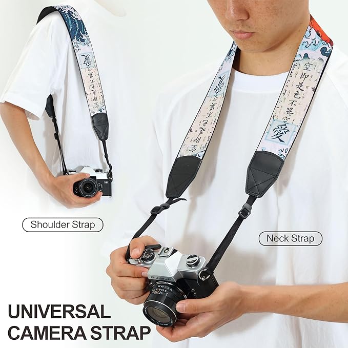 Padwa Lifestyle Chinese Style Camera Strap - 2" Wide Genuine Leather Ends Camera Straps for Photographers, Vintage Chinese Style Print Nylon Strap with Camera Quick Release fits All Cameras