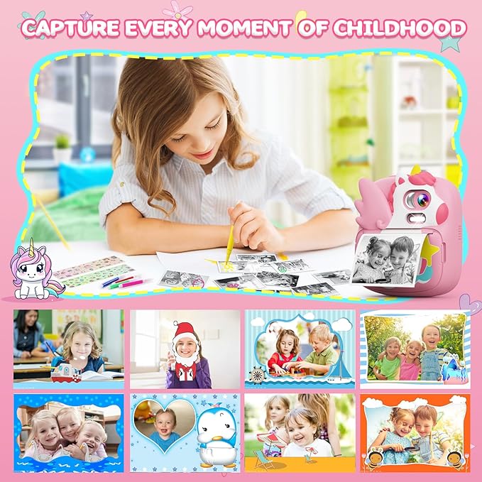Kids Camera Instant Print, 12MP & 1080P Instant Camera for Kids with 32G Card & Print Paper, Selfie Digital Video for Toddler,Christmas Birthday Gifts for Girls Boy Age 3-12 (Pink)