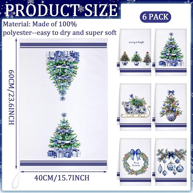 Preboun 6 Pcs Christmas Kitchen Towels Chinoiserie Decorative Hand Towels Blue and White Christmas Ball Dish Cloth Farmhouse Tea Cloth Kitchen Accessories Bathroom Decor