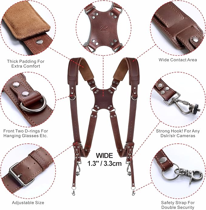 Padwa Lifestyle Brown Dual Camera Harness for Two Cameras - Wide Strap with Thick Shoulder Padded,Full Grain Leather Double Harness,Multi Camera Gear for DSLR Strap for Photographers