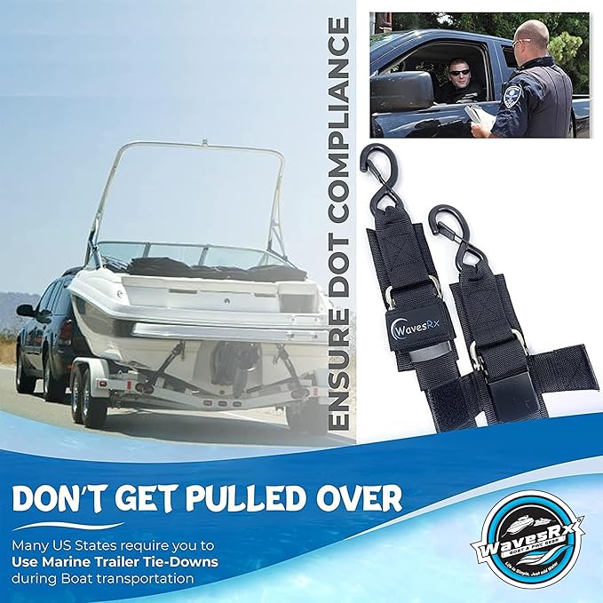 WavesRx Premium Boat & Jet Ski Trailer Transom Straps - Marine Tie Downs - Adjustable via Quick Release Buckle - Must Have Boating Accessories for Safe and Secure Transportation of Your Watercraft