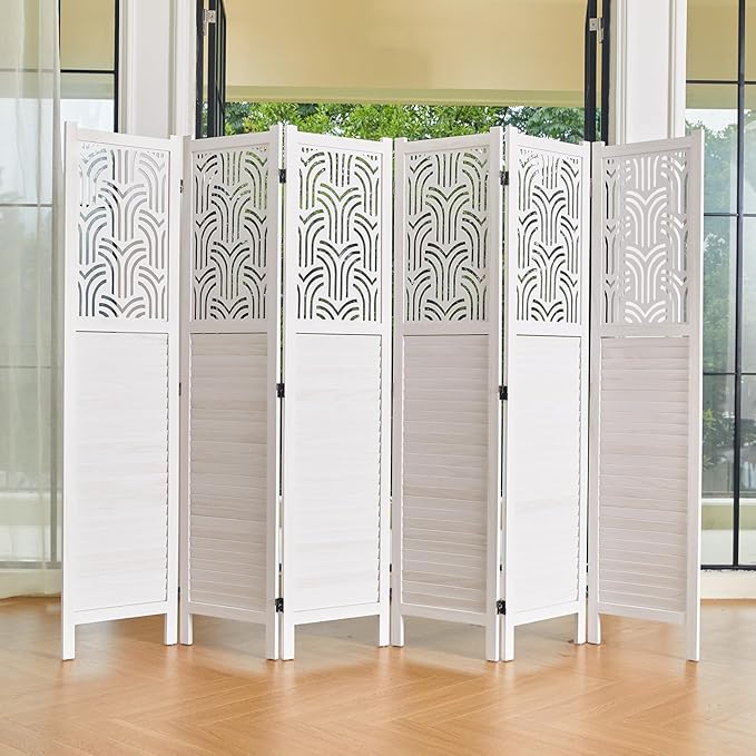 Folding Room Divider, 66.9 Inch 6 Panels Wood Carved Privacy Screens, Free Assembled Freestanding Portable Separation Wall for Home Office Restaurant Bedroom (White)