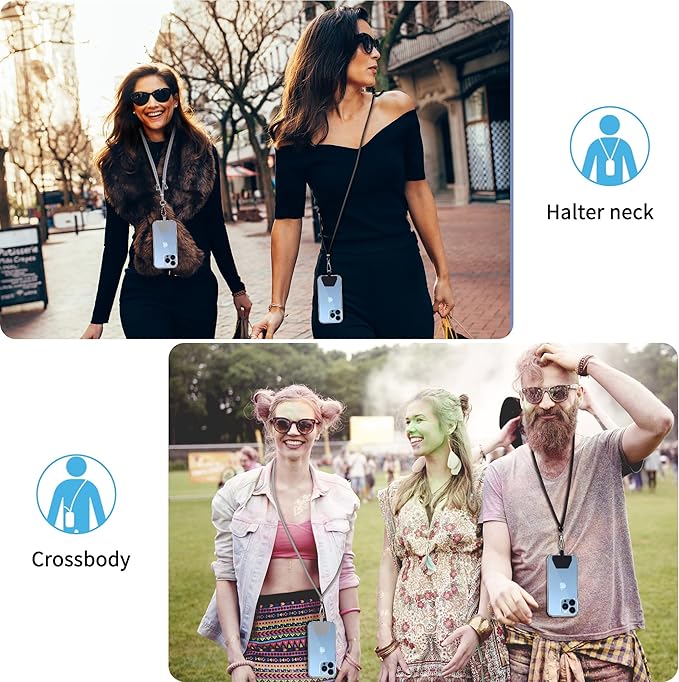 CACOE Phone Lanyard 2 Pcs-2 Pcs Adjustable Neck Strap,4 Pcs Patches,Universal Crossbody Multifuctional Cell Phone Lanyards Compatible with Most Smartphones(Black+Light Gray)