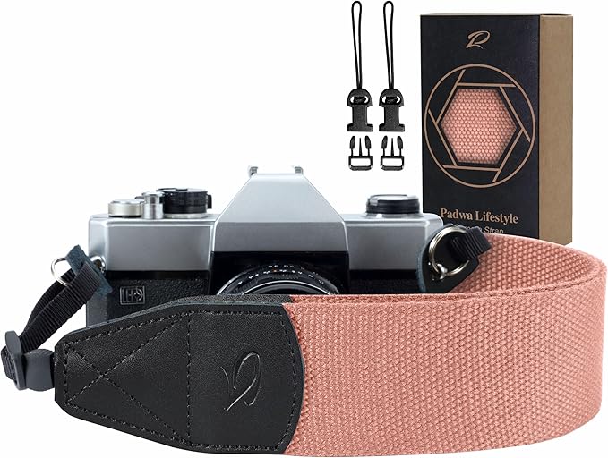 Padwa Lifestyle Pink Camera Strap - 2" Wide Cotton Woven Genuine Leather Head Camera Straps,Complimentary 2 Pcs Quick Release Clips for All DSLR/SLR Cameras, Binoculars and Drone Remote Control
