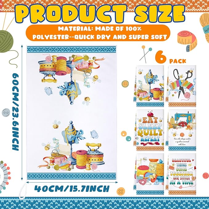 Preboun 6 Pcs Fun Sewing Kitchen Towels Quilting Gifts for Women Funny Dish Hand Towels Orange Blue Sewing Dish Cloth House Decorative Farmhouse Tea Cloth Absorbent for Home Kitchen Bathroom Decor