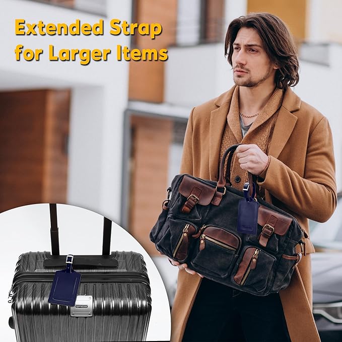 Travelambo 12 Pack Luggage Tags Faux Leather for Suitcases Travel Bag Labels with Protection Cover ID (Deep Blue)