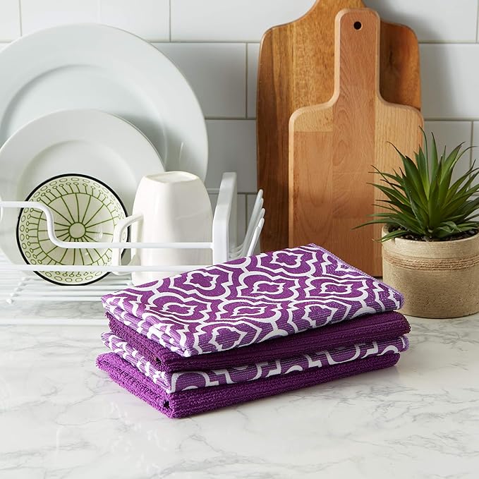 DII Cleaning Collection Multi-Purpose Microfiber, Eggplant Lattice, Dishtowel Set