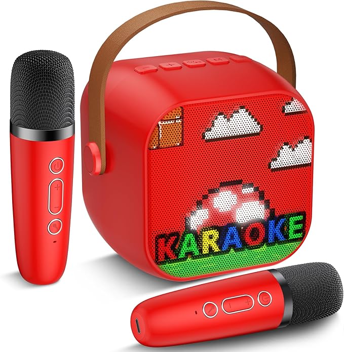 Mini Karaoke Machine, Portable Bluetooth Speaker with 2 Wireless Microphones for Kids & Adults, Karaoke Microphone with LED Lights, Gifts for Girls & Boys_Red