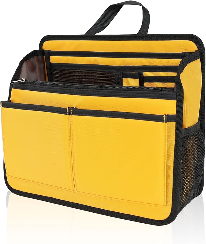 Small Rugged Organizer Insert for Briefcase Tote Shoulder Messenger Bag-19 Pockets,Durable Padded Nylon,Handle-Yellow