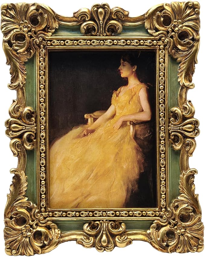 CISOO 2.5x3.5 Vintage Small Picture Frame, Antique Ornate Green and Gold Wallet Size Photo Frame, for Table Top and Wall Display, Decorative Floral Design Retro Home Decor, Photo Gallery Art