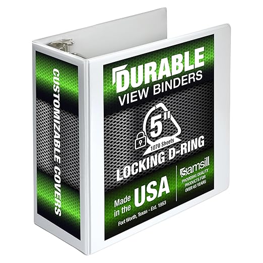 Samsill Durable 5 inch 3 Ring Binder, Made in USA, Locking D Ring FSC 100% Recycled Chipboard, White
