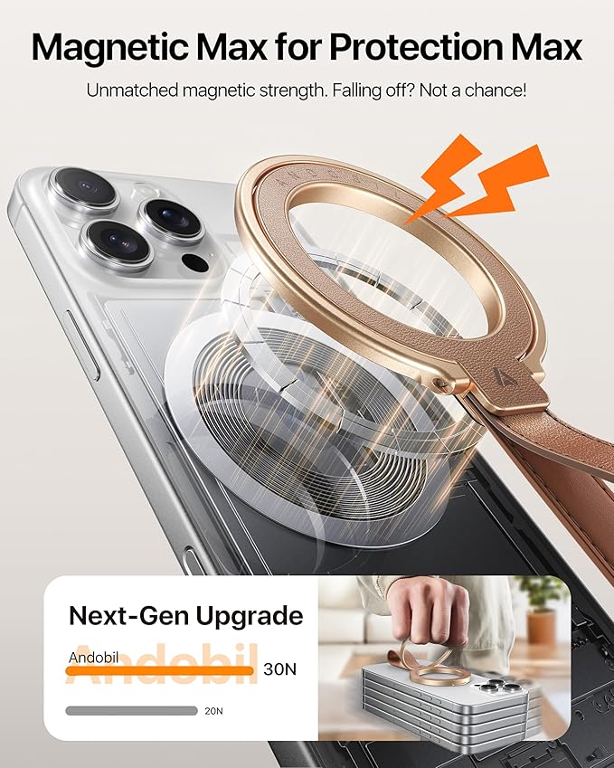 andobil [2025 Premium Leather] Magnetic Phone Grip for MagSafe [Longest Durable] Adjustable Phone Ring Kickstand with Leather Loop Compatible with MagSafe Accessories&iPhone 17 Air 16 15 14 13 Pro Max